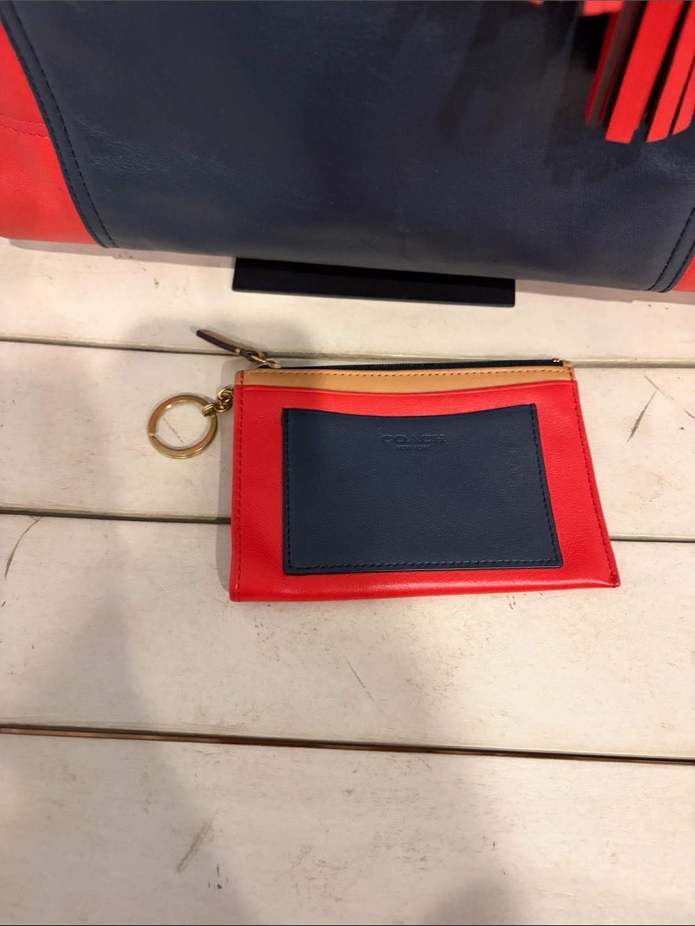 Coach Colorblock Leather Tote in Red, Navy & Tan with wallet - Picture 3 of 10